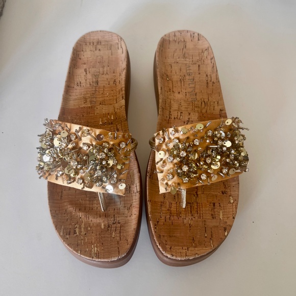 Worn Once! Donald Pliner FIFI Platino Embellished Satin Wedge Sandal 8.5 - Picture 3 of 15